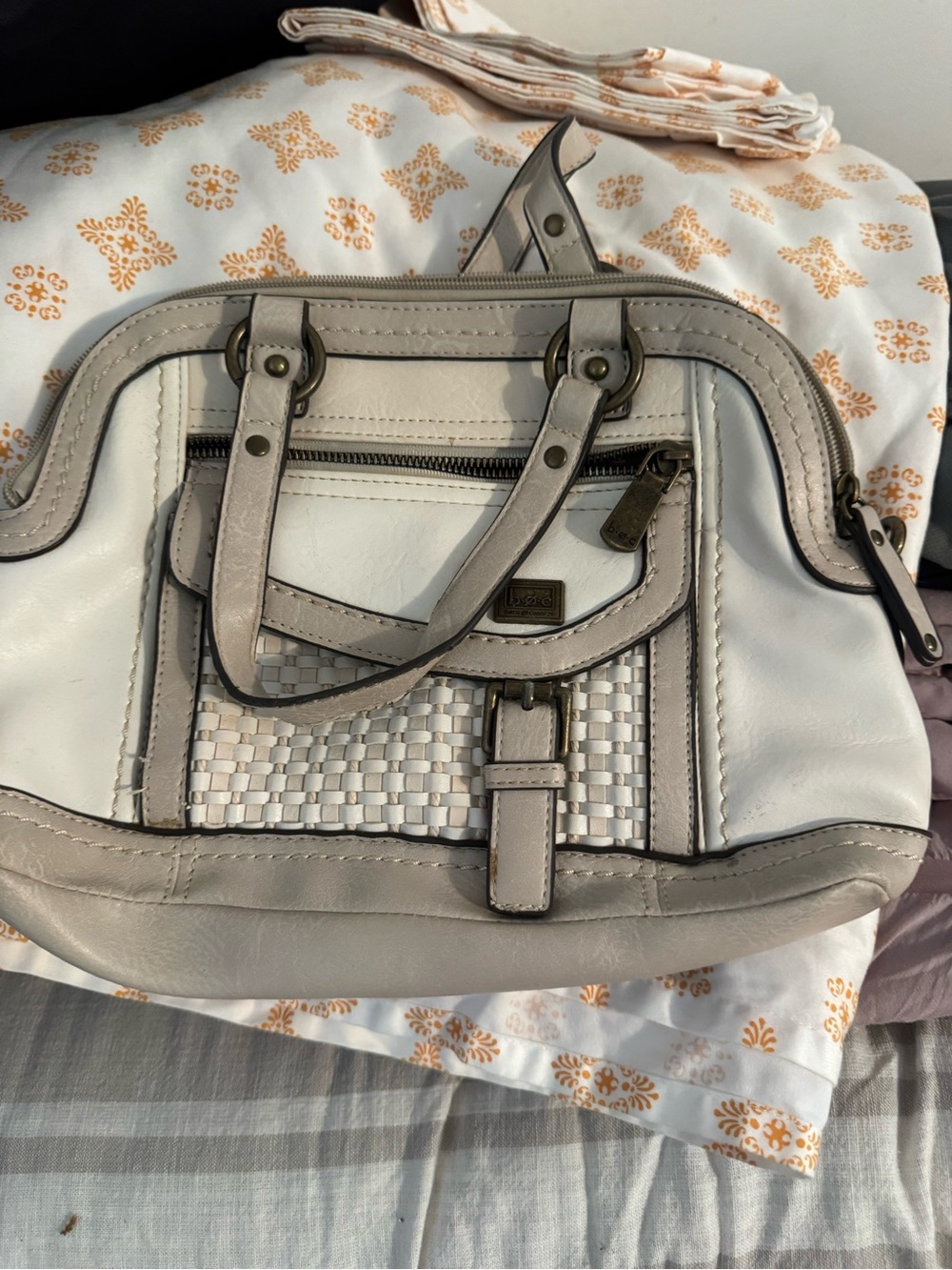 boc Two-Tone White and Taupe Woven Accent Shoulder Bag